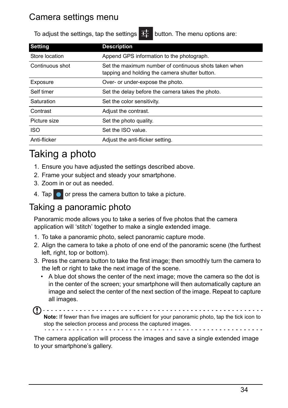 Camera settings menu, Taking a photo, Taking a panoramic photo | Acer Z120 User Manual | Page 34 / 63