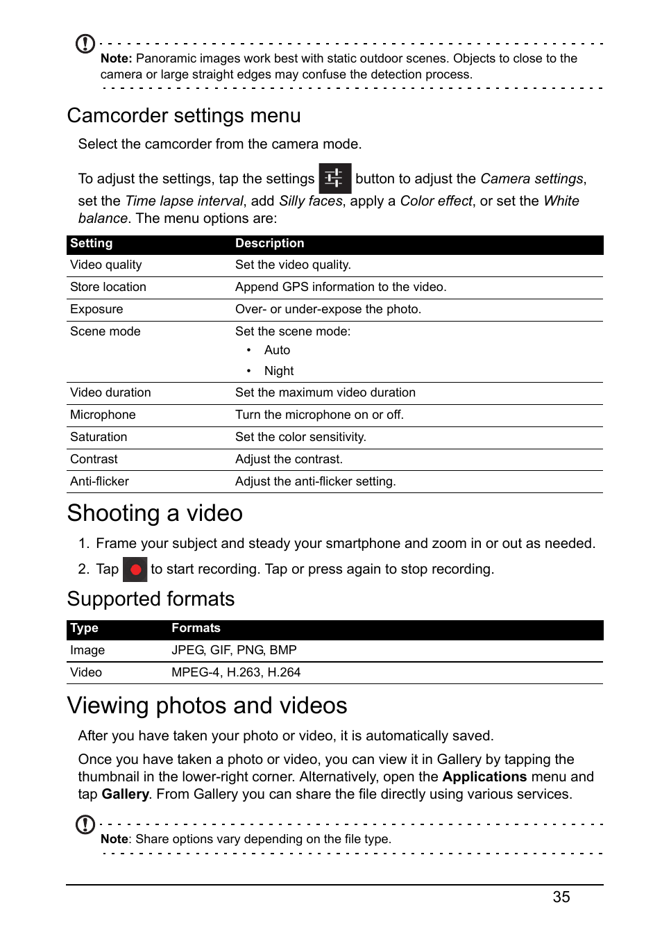 Camcorder settings menu, Shooting a video, Supported formats | Viewing photos and videos, Shooting a video viewing photos and videos | Acer Z120 User Manual | Page 35 / 63