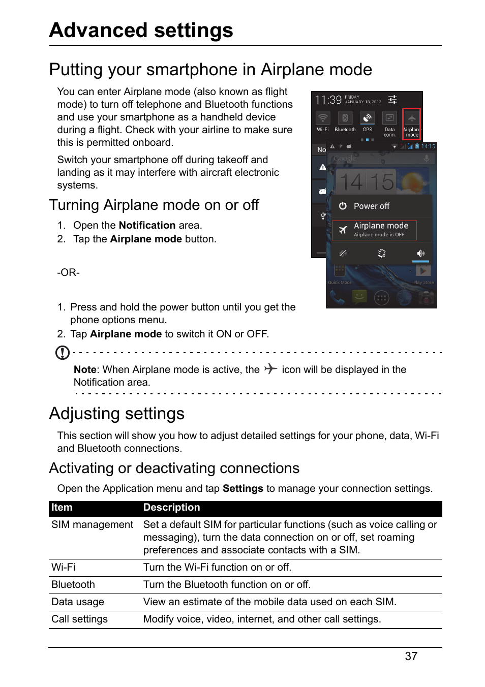 Advanced settings, Putting your smartphone in airplane mode, Turning airplane mode on or off | Adjusting settings, Activating or deactivating connections | Acer Z120 User Manual | Page 37 / 63