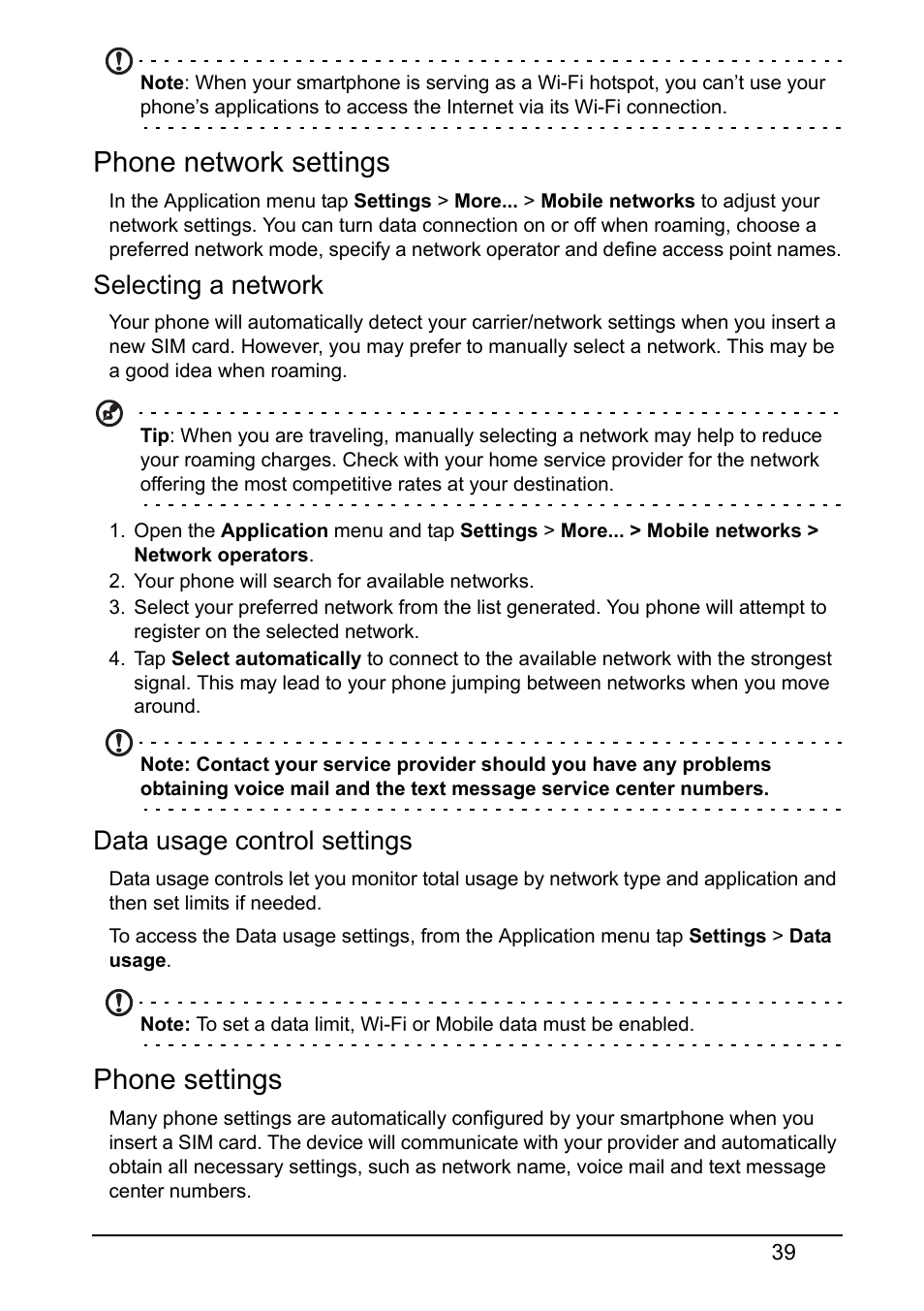 Phone network settings, Phone settings, Selecting a network | Data usage control settings | Acer Z120 User Manual | Page 39 / 63