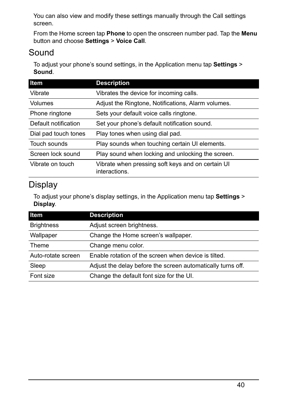 Sound, Display | Acer Z120 User Manual | Page 40 / 63