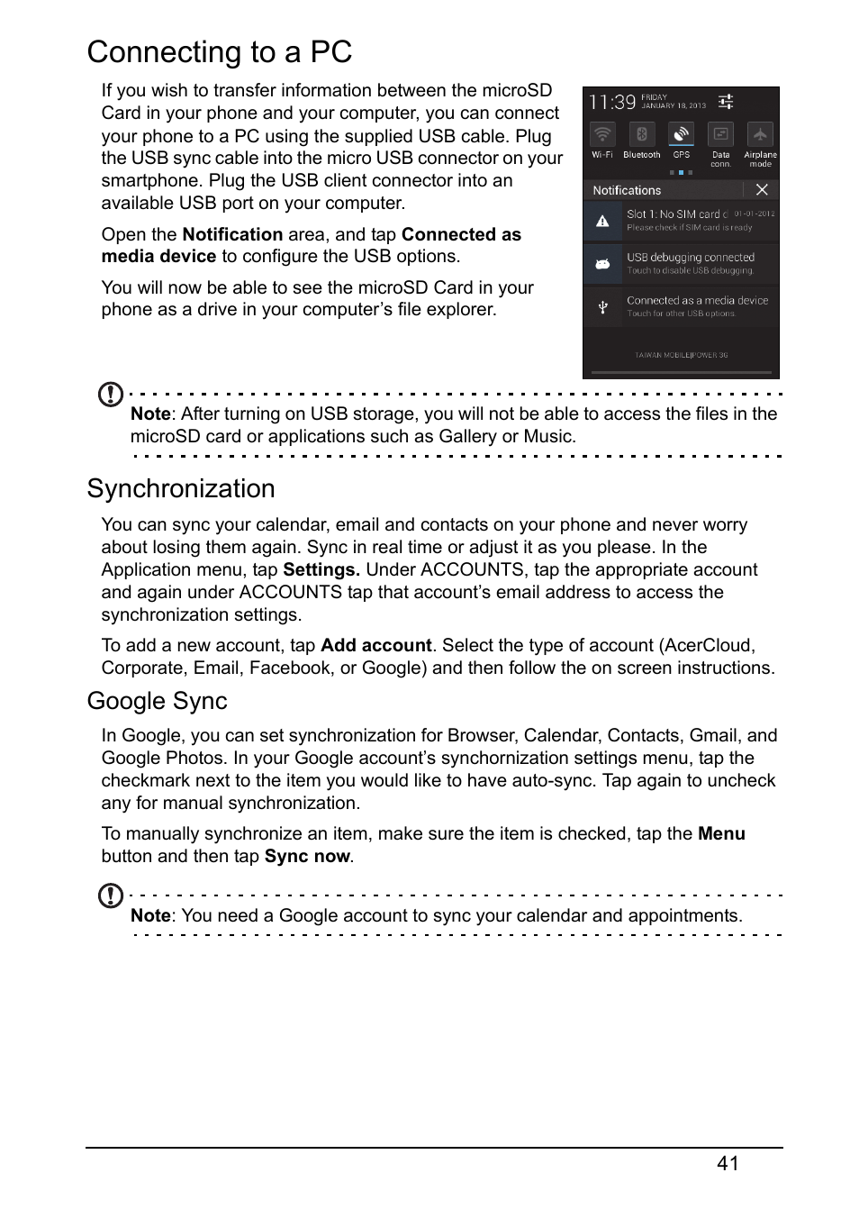 Connecting to a pc, Synchronization, Google sync | Acer Z120 User Manual | Page 41 / 63