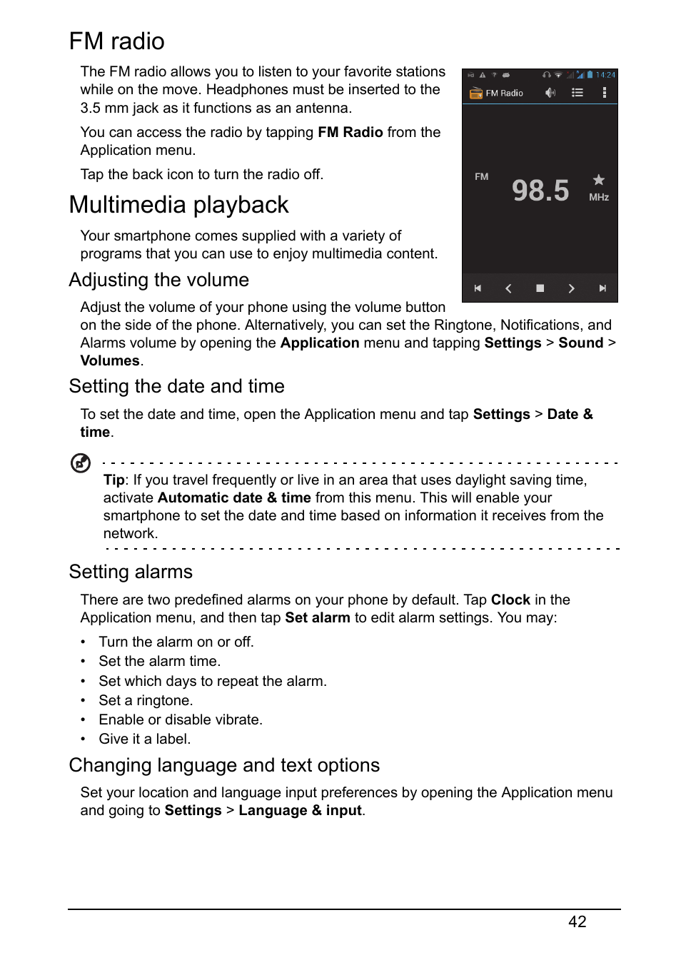 Fm radio, Multimedia playback, Fm radio multimedia playback | Acer Z120 User Manual | Page 42 / 63