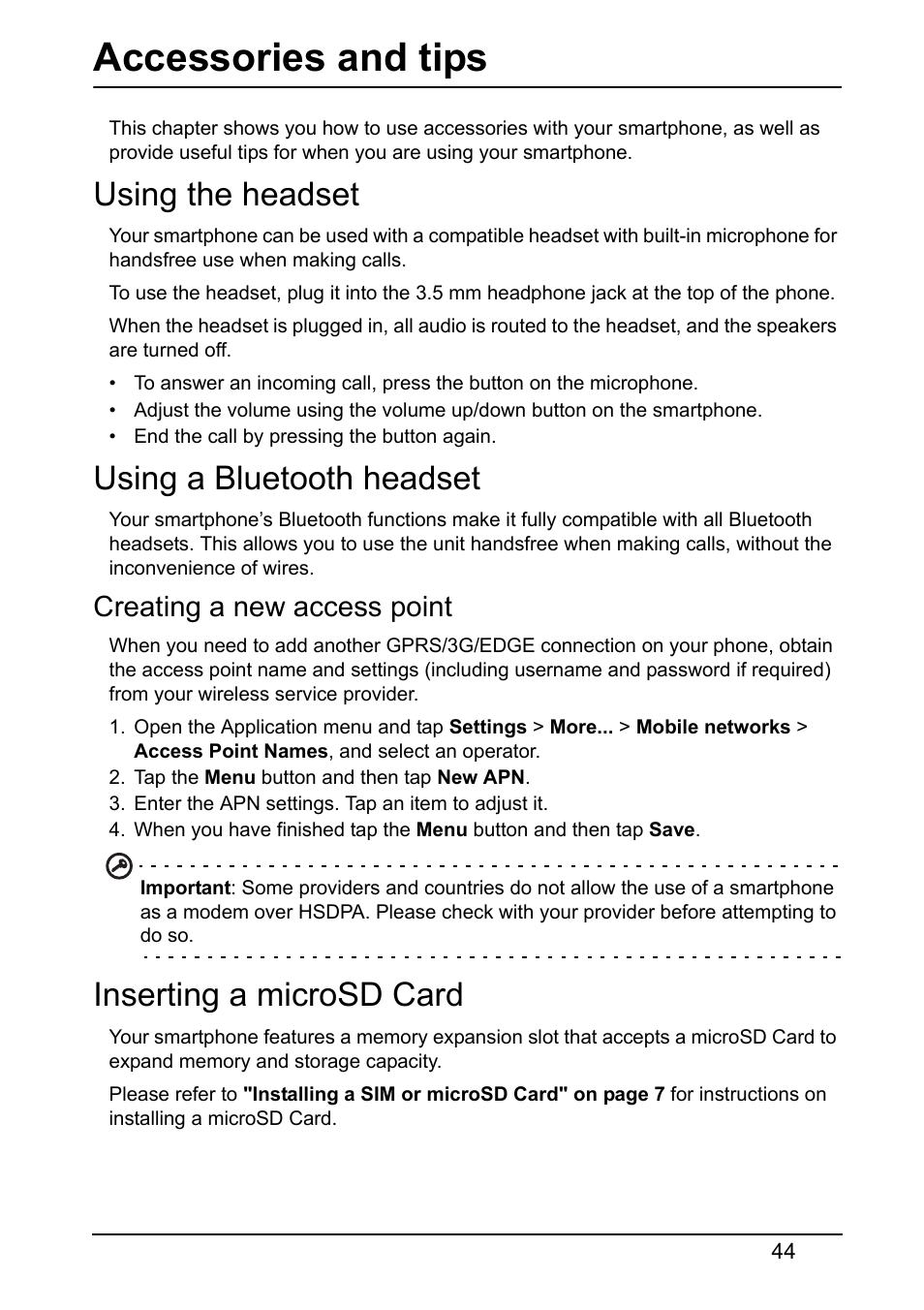 Accessories and tips, Using the headset, Using a bluetooth headset | Creating a new access point, Inserting a microsd card | Acer Z120 User Manual | Page 44 / 63