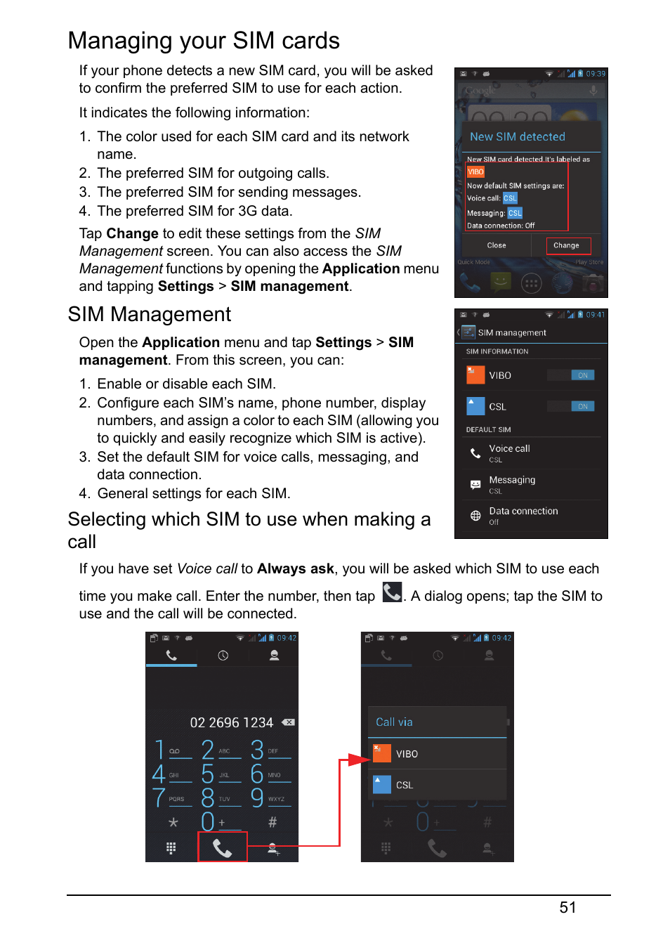 Managing your sim cards, Sim management, Selecting which sim to use when making a call | Acer Z120 User Manual | Page 51 / 63