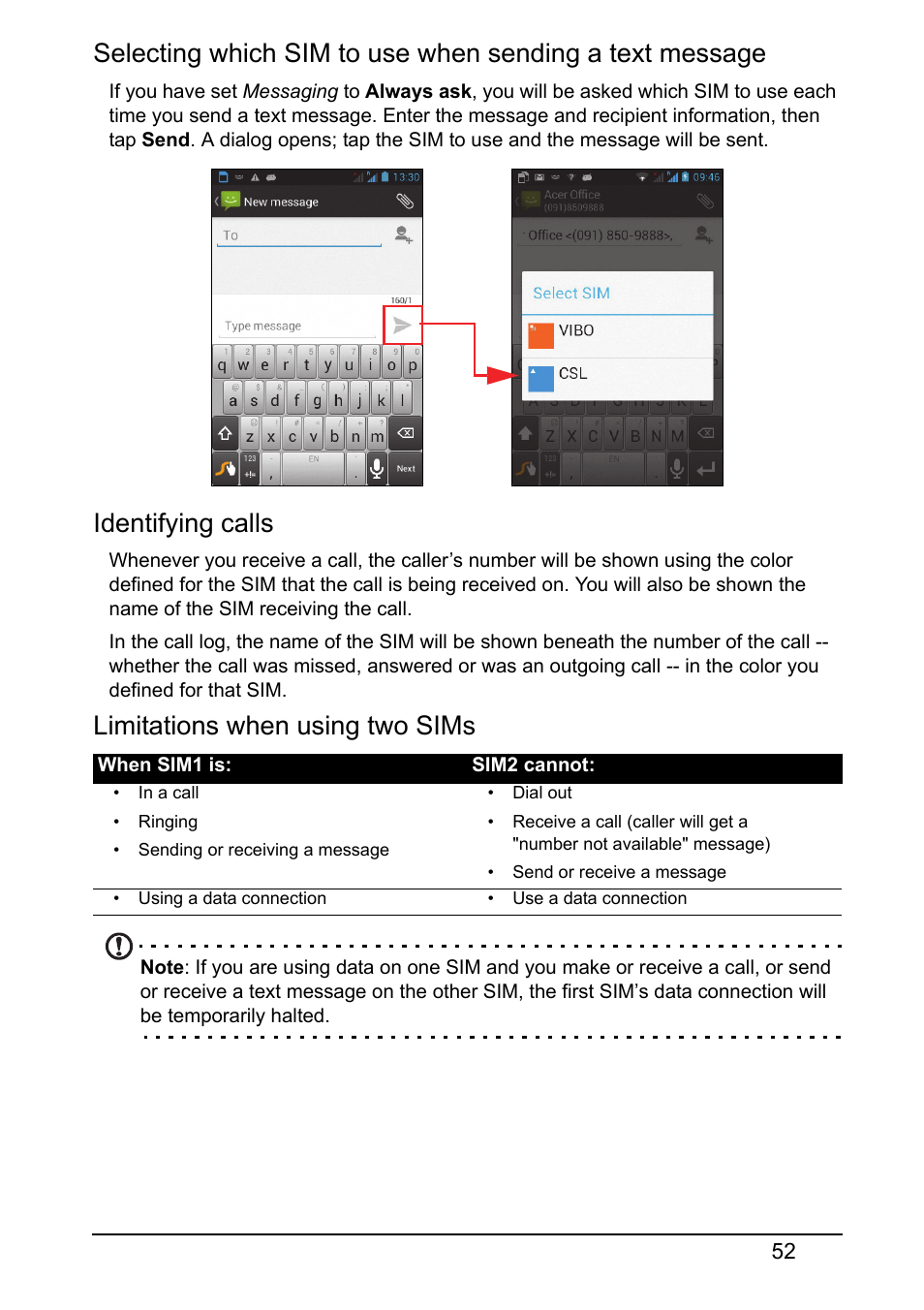 Identifying calls, Limitations when using two sims | Acer Z120 User Manual | Page 52 / 63