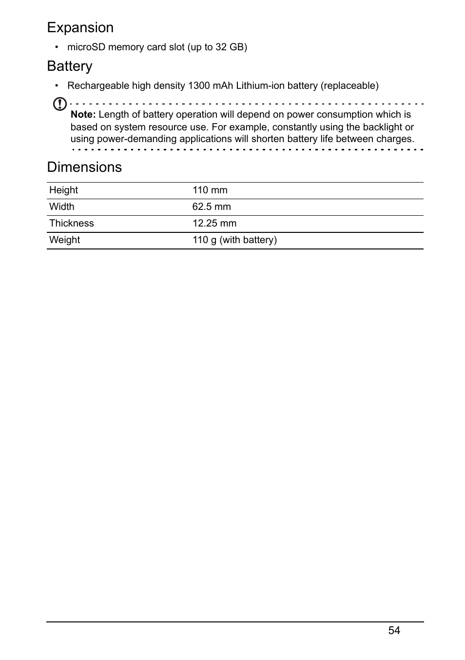 Expansion, Battery, Dimensions | Acer Z120 User Manual | Page 54 / 63