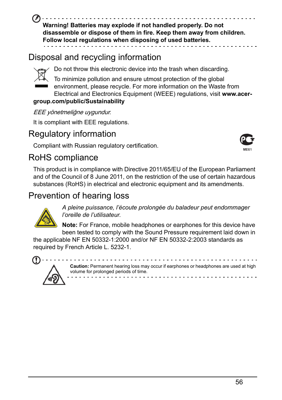 Disposal and recycling information, Regulatory information, Rohs compliance | Prevention of hearing loss | Acer Z120 User Manual | Page 56 / 63