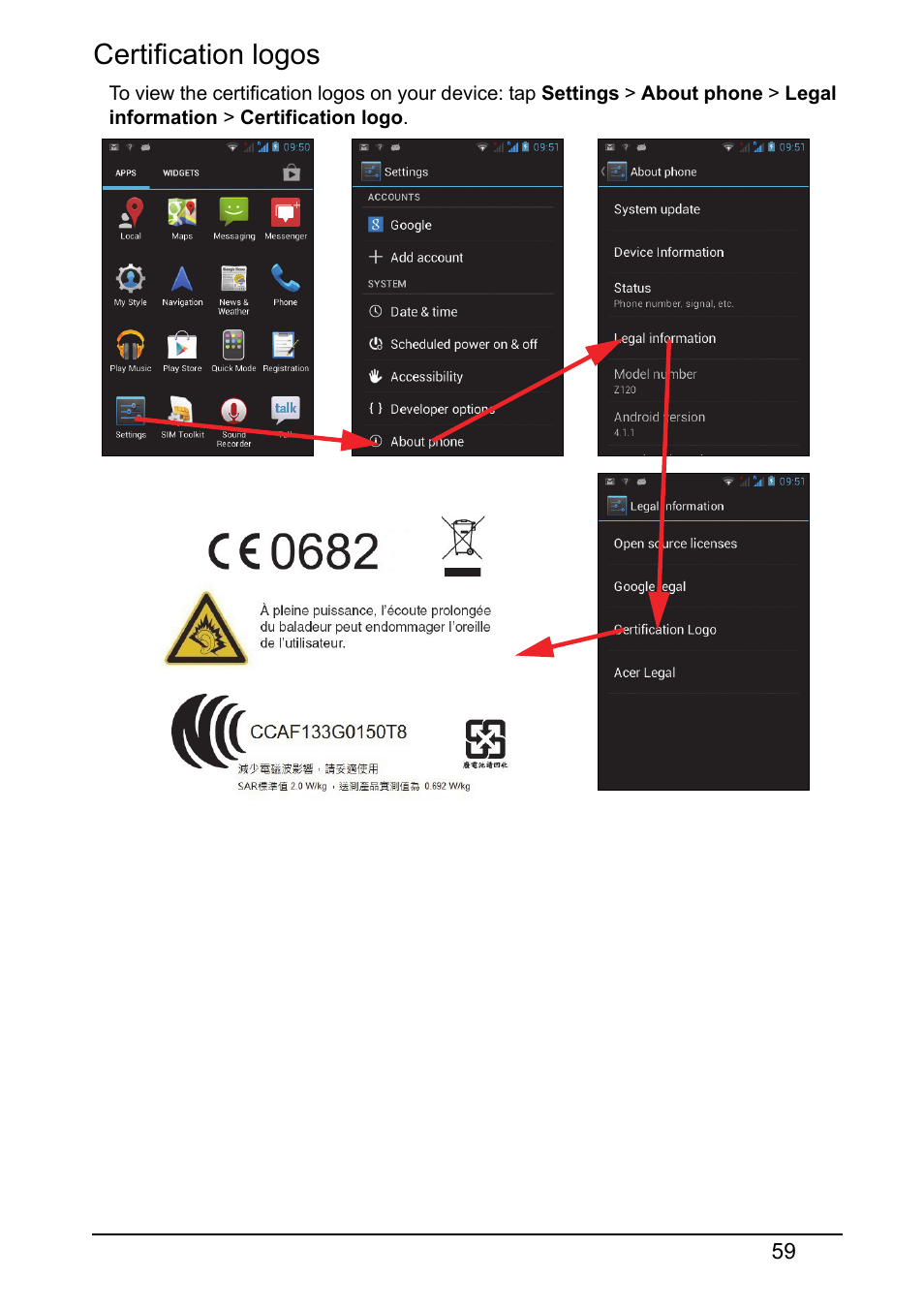 Certification logos | Acer Z120 User Manual | Page 59 / 63