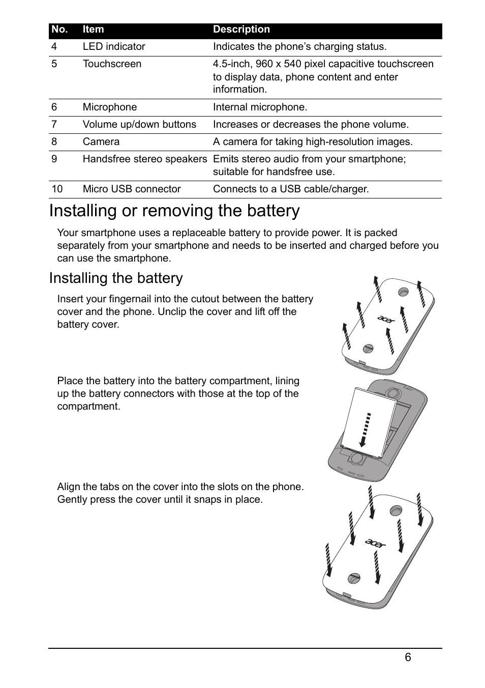 Installing or removing the battery, Installing the battery | Acer Z120 User Manual | Page 6 / 63