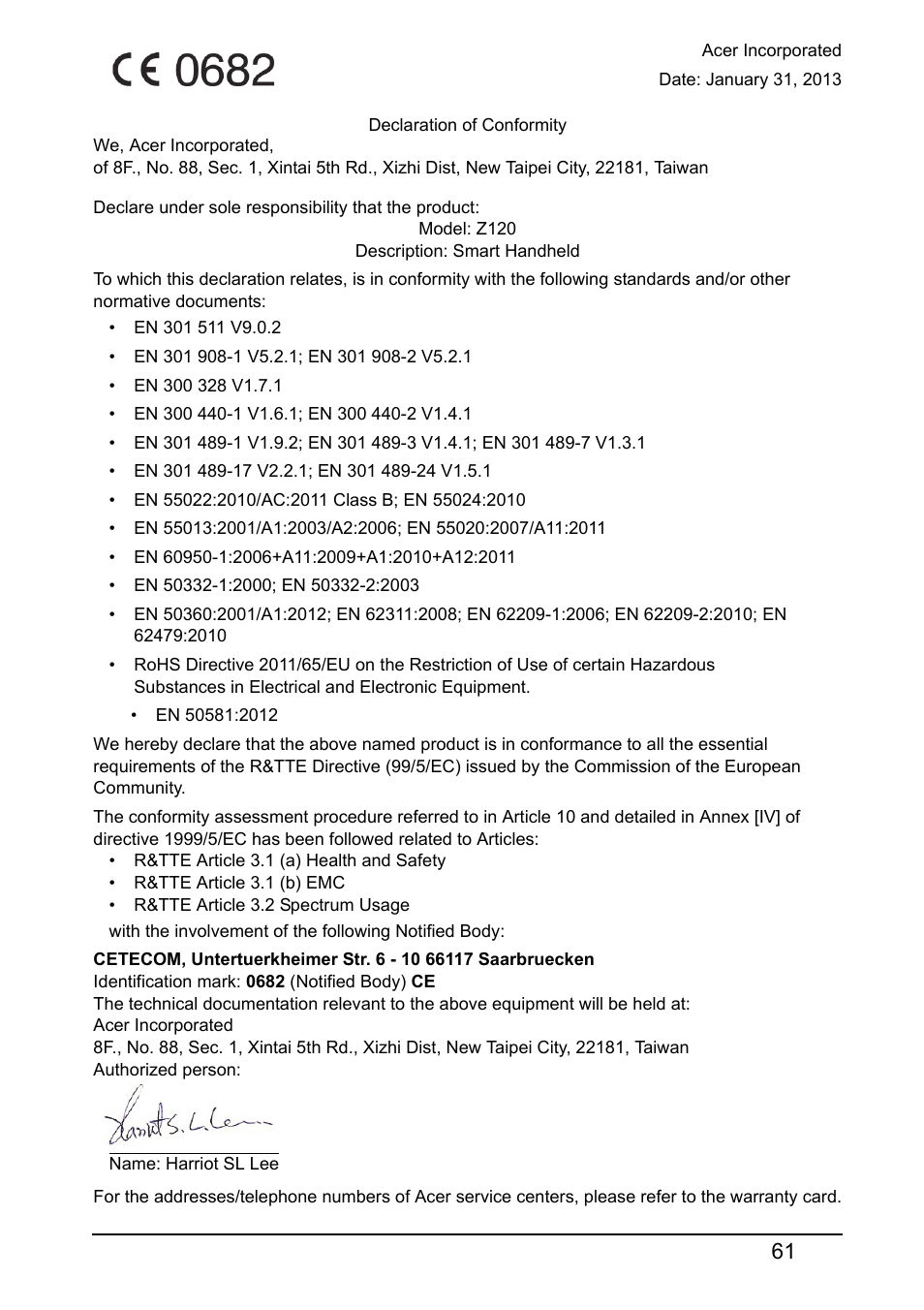 Declaration of conformity | Acer Z120 User Manual | Page 61 / 63