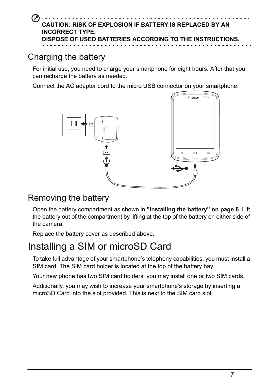 Charging the battery, Removing the battery, Installing a sim or microsd card | Acer Z120 User Manual | Page 7 / 63