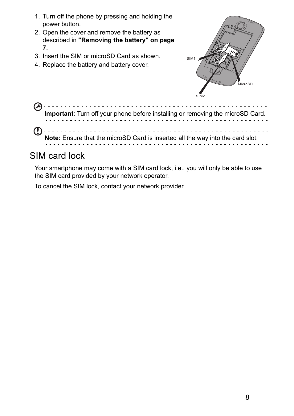 Sim card lock | Acer Z120 User Manual | Page 8 / 63