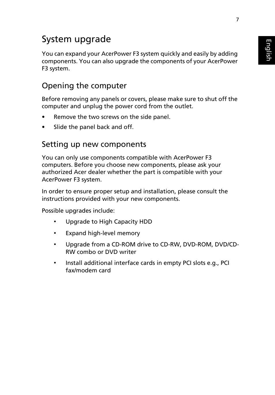 System upgrade, Opening the computer, Setting up new components | Acer AcerPower F3 User Manual | Page 11 / 24