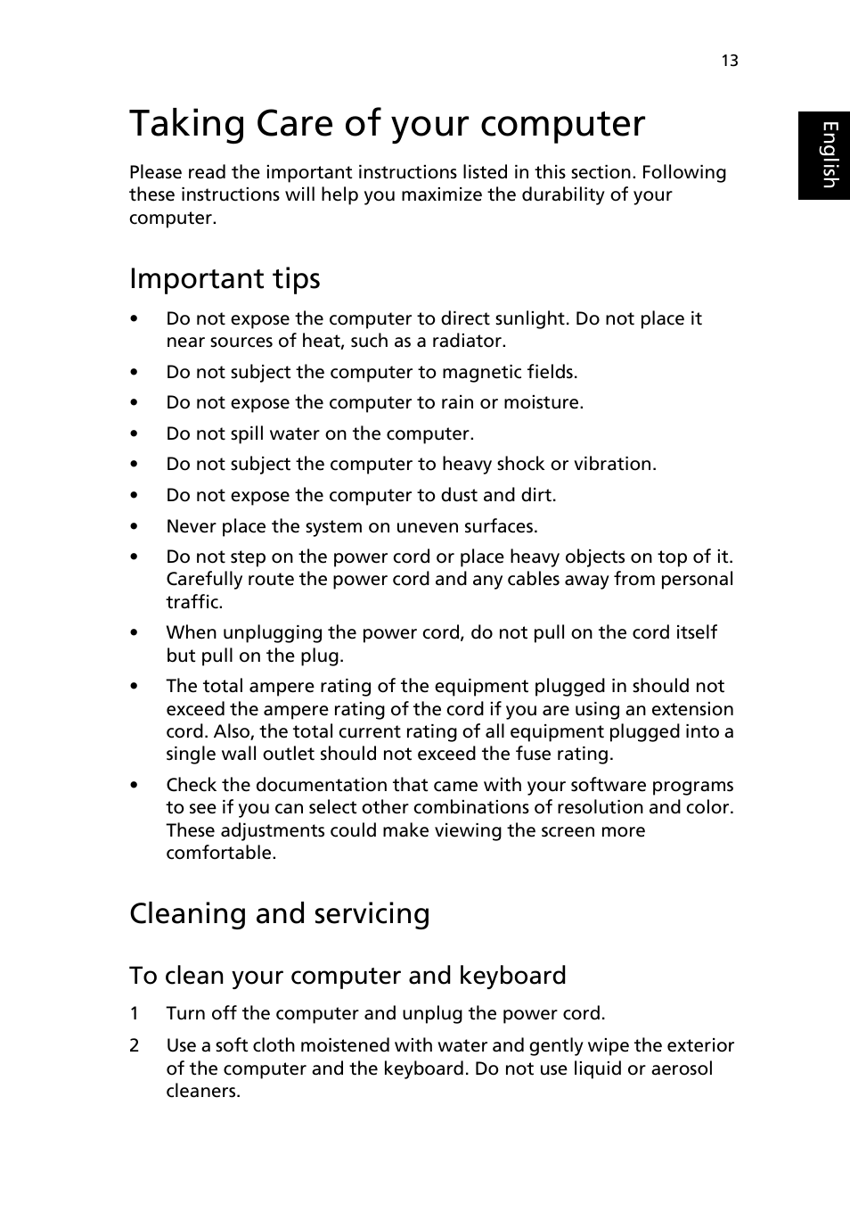 Taking care of your computer, Important tips, Cleaning and servicing | To clean your computer and keyboard | Acer AcerPower F3 User Manual | Page 15 / 24