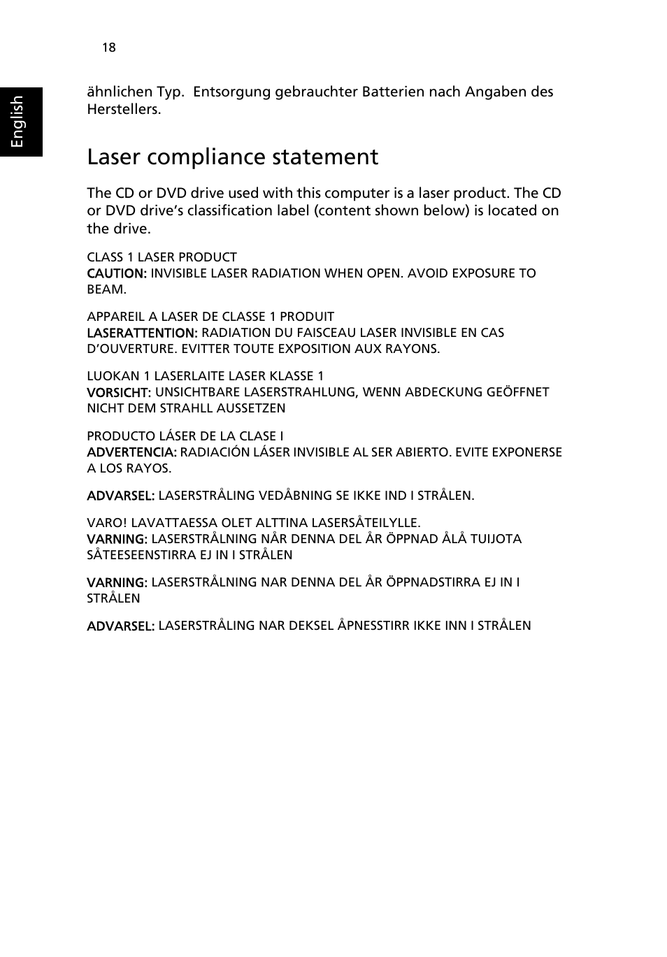 Laser compliance statement | Acer AcerPower F3 User Manual | Page 20 / 24