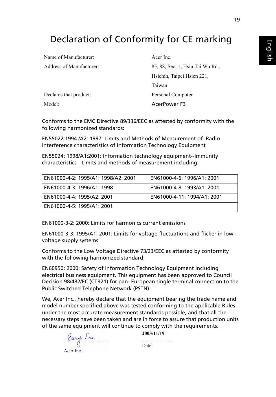 Declaration of conformity for ce marking, Eng lis h | Acer AcerPower F3 User Manual | Page 21 / 24