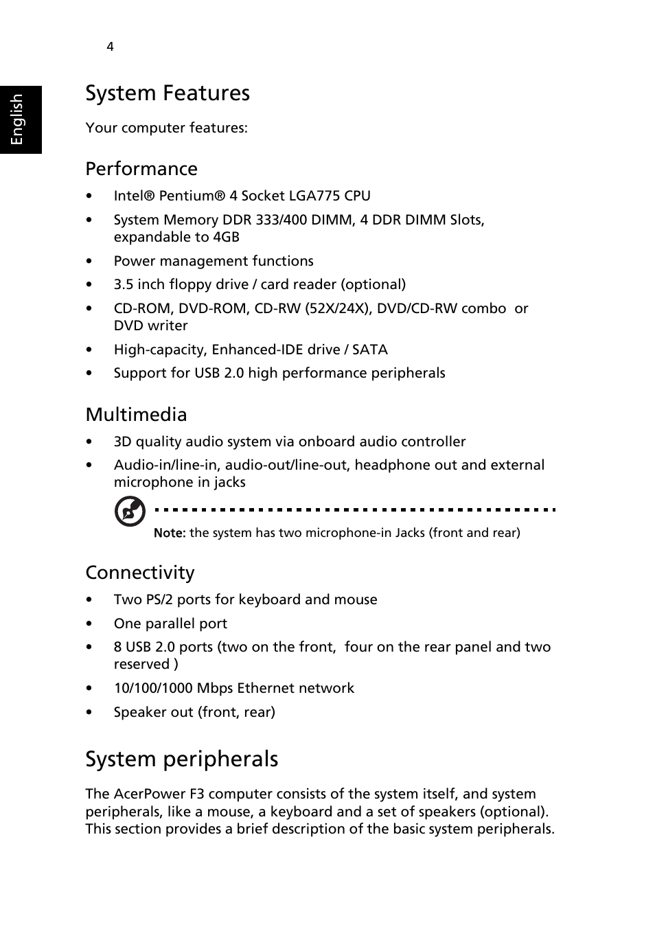 System features, System peripherals, Performance | Multimedia, Connectivity | Acer AcerPower F3 User Manual | Page 8 / 24