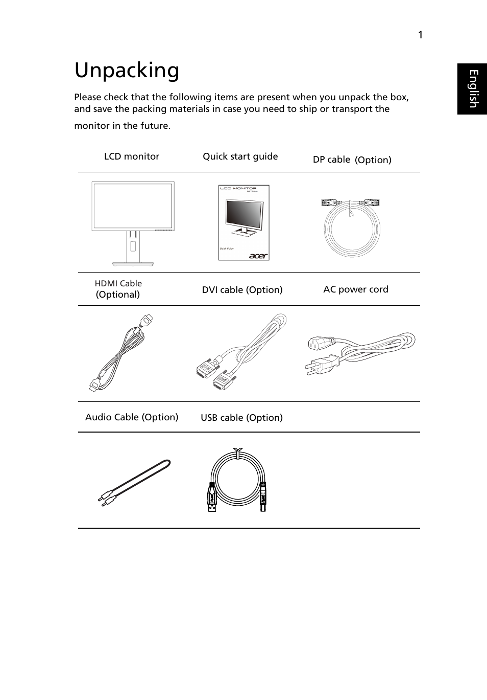 Unpacking, Eng lis h | Acer B276HUL User Manual | Page 13 / 28