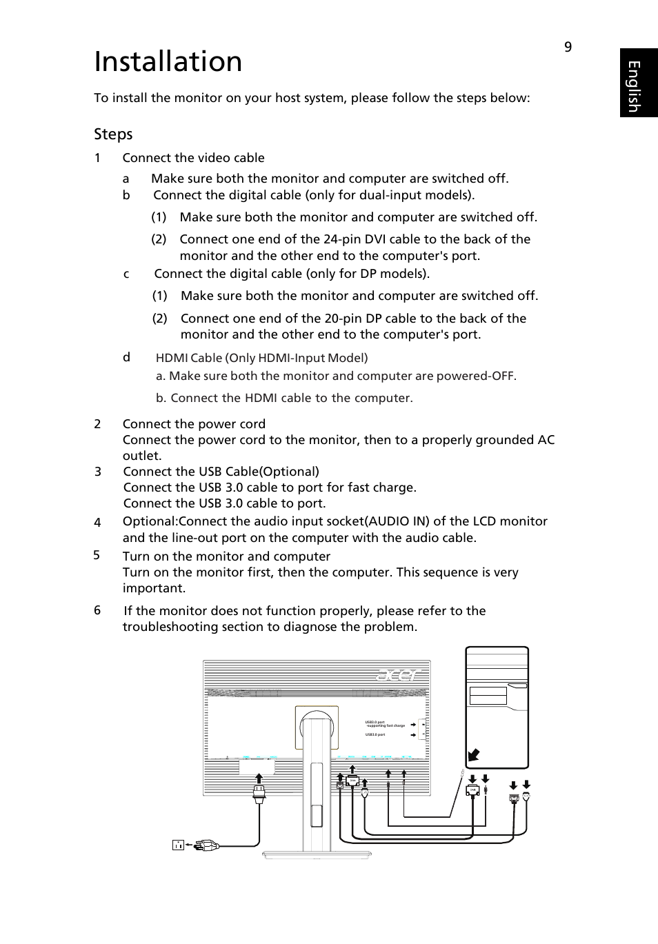 Installation, Eng lis h, Steps | Acer B276HUL User Manual | Page 21 / 28