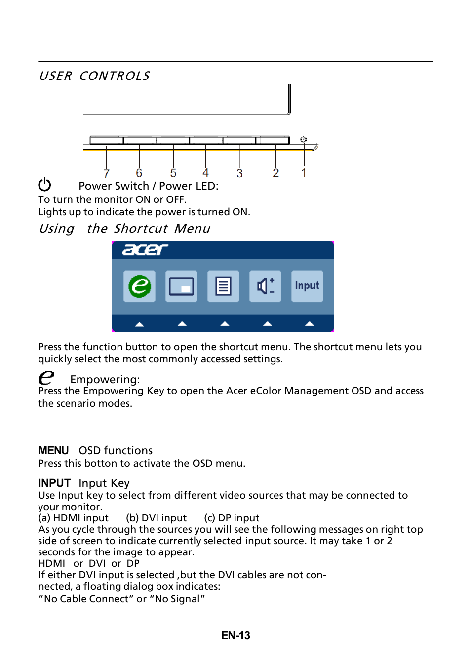 User controls, Using the shortcut menu | Acer B276HUL User Manual | Page 22 / 28