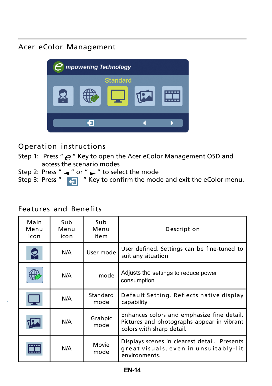 Acer ecolor management operation instructions, Features and benefits | Acer B276HUL User Manual | Page 23 / 28