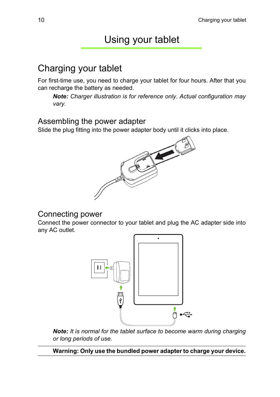 Using your tablet, Charging your tablet, Assembling the power adapter | Connecting power | Acer A1-810 User Manual | Page 10 / 53