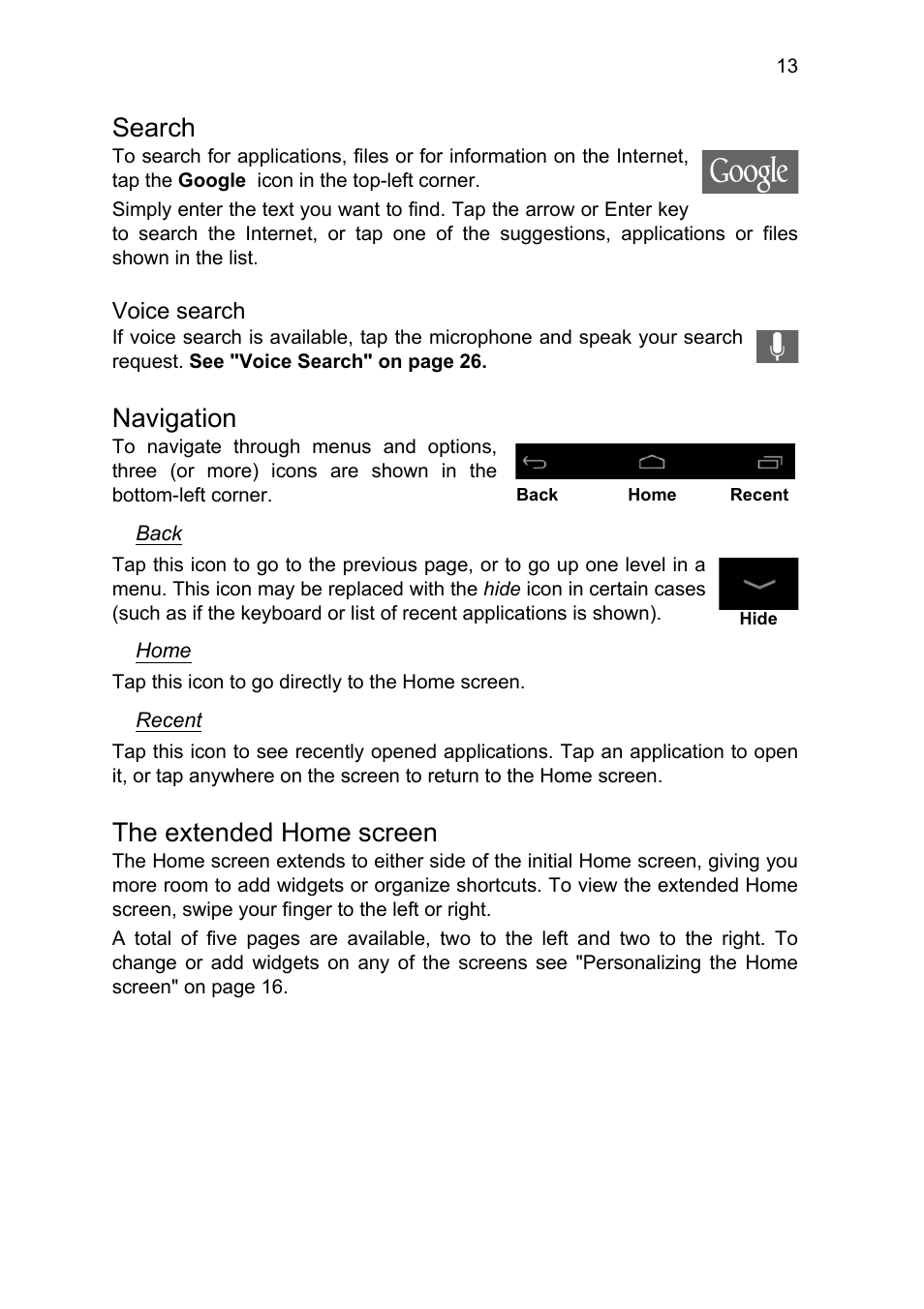 Search, Navigation, The extended home screen | Acer A1-810 User Manual | Page 13 / 53