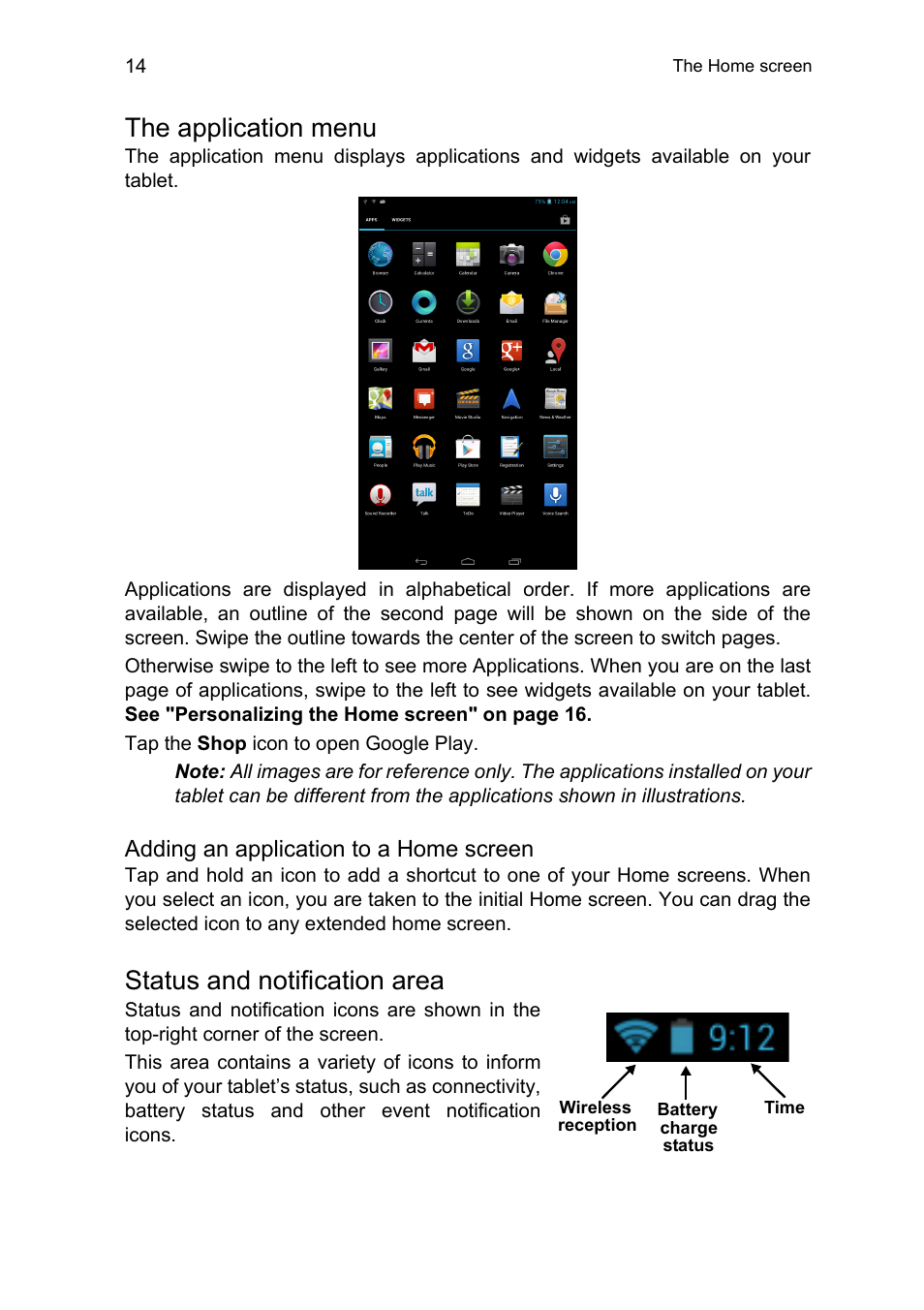 The application menu, Status and notification area | Acer A1-810 User Manual | Page 14 / 53