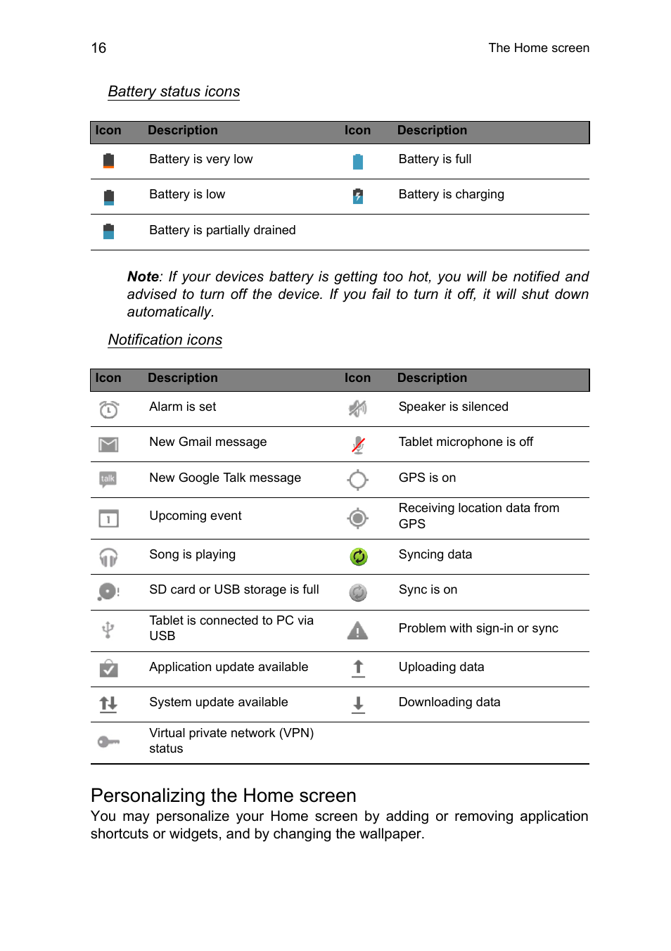 Personalizing the home screen | Acer A1-810 User Manual | Page 16 / 53