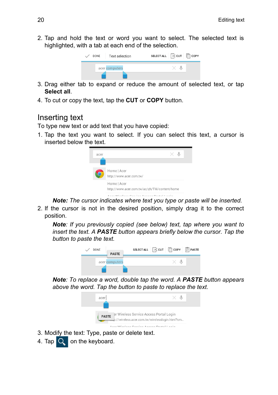 Inserting text | Acer A1-810 User Manual | Page 20 / 53