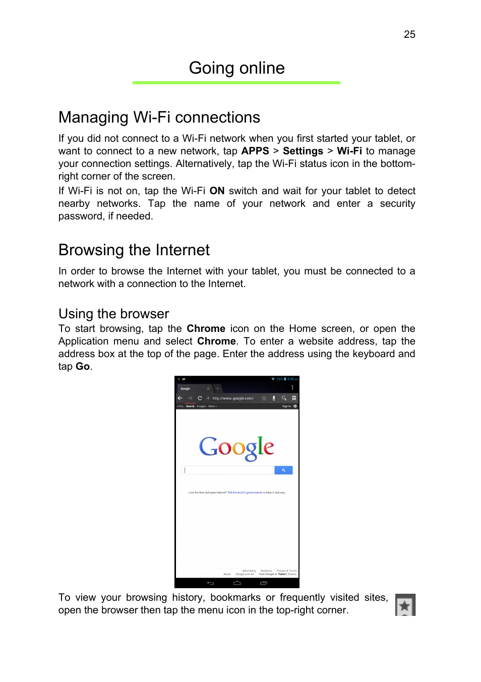 Going online, Managing wi-fi connections, Browsing the internet | Using the browser, Managing wi-fi connections browsing the internet | Acer A1-810 User Manual | Page 25 / 53