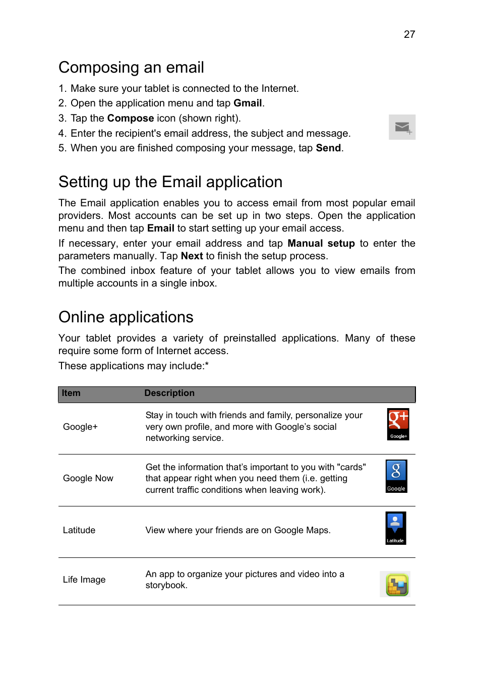 Composing an email, Setting up the email application, Online applications | Acer A1-810 User Manual | Page 27 / 53