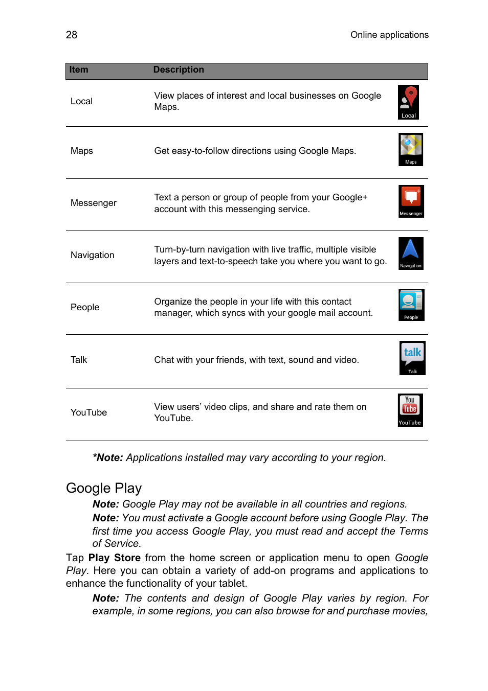 Google play | Acer A1-810 User Manual | Page 28 / 53