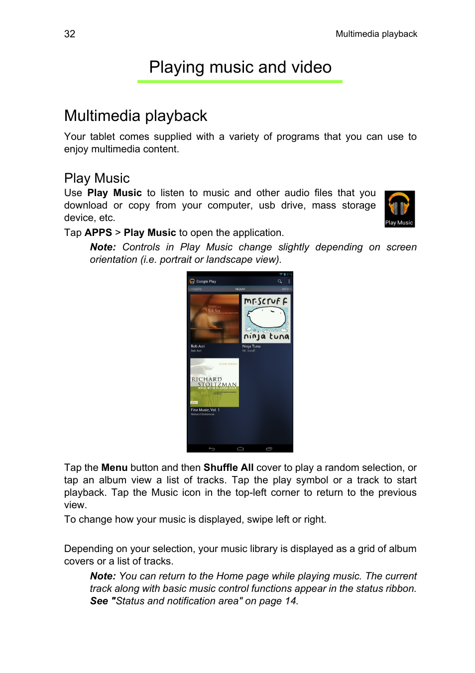 Playing music and video, Multimedia playback, Play music | Acer A1-810 User Manual | Page 32 / 53