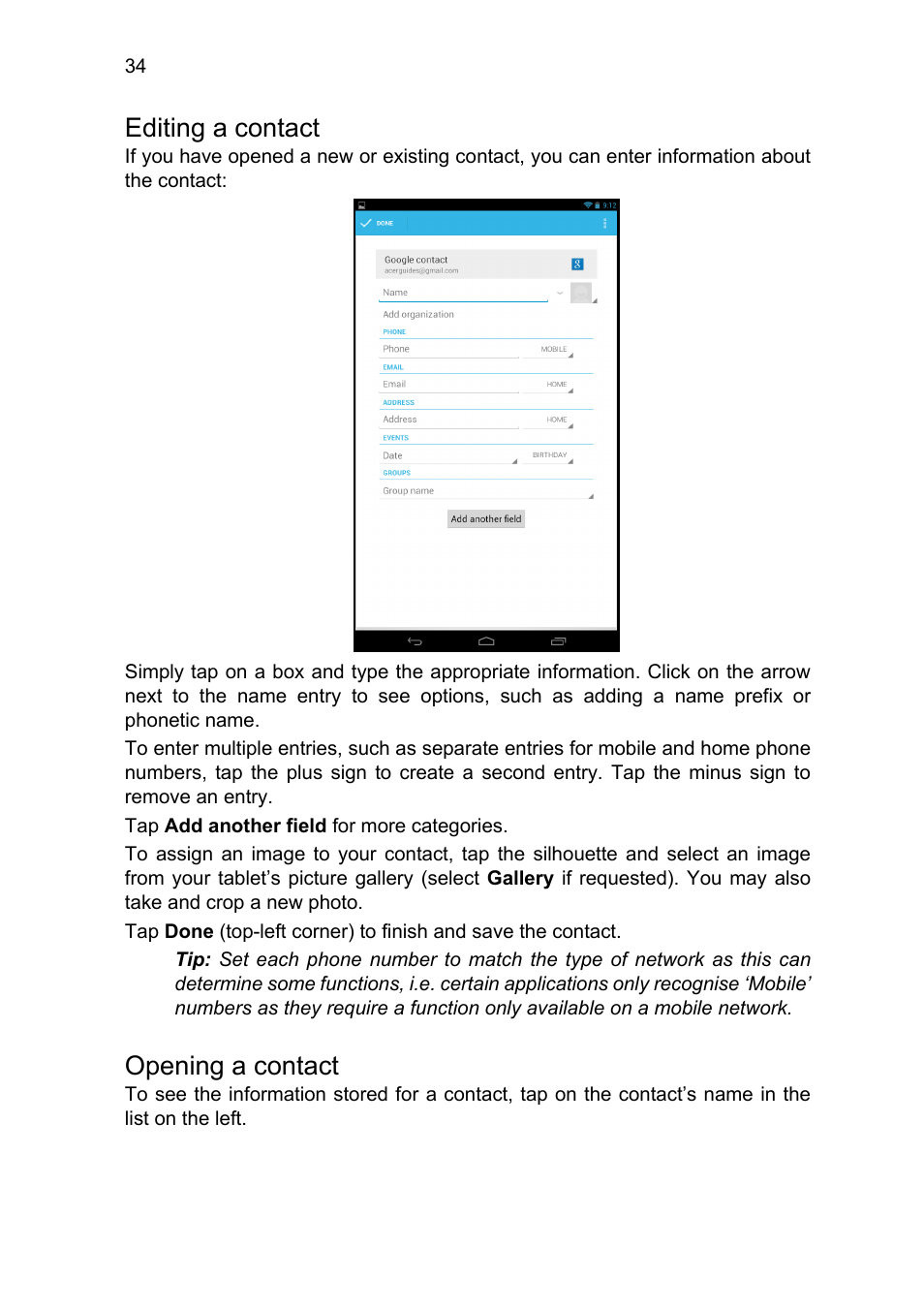 Editing a contact, Opening a contact | Acer A1-810 User Manual | Page 34 / 53