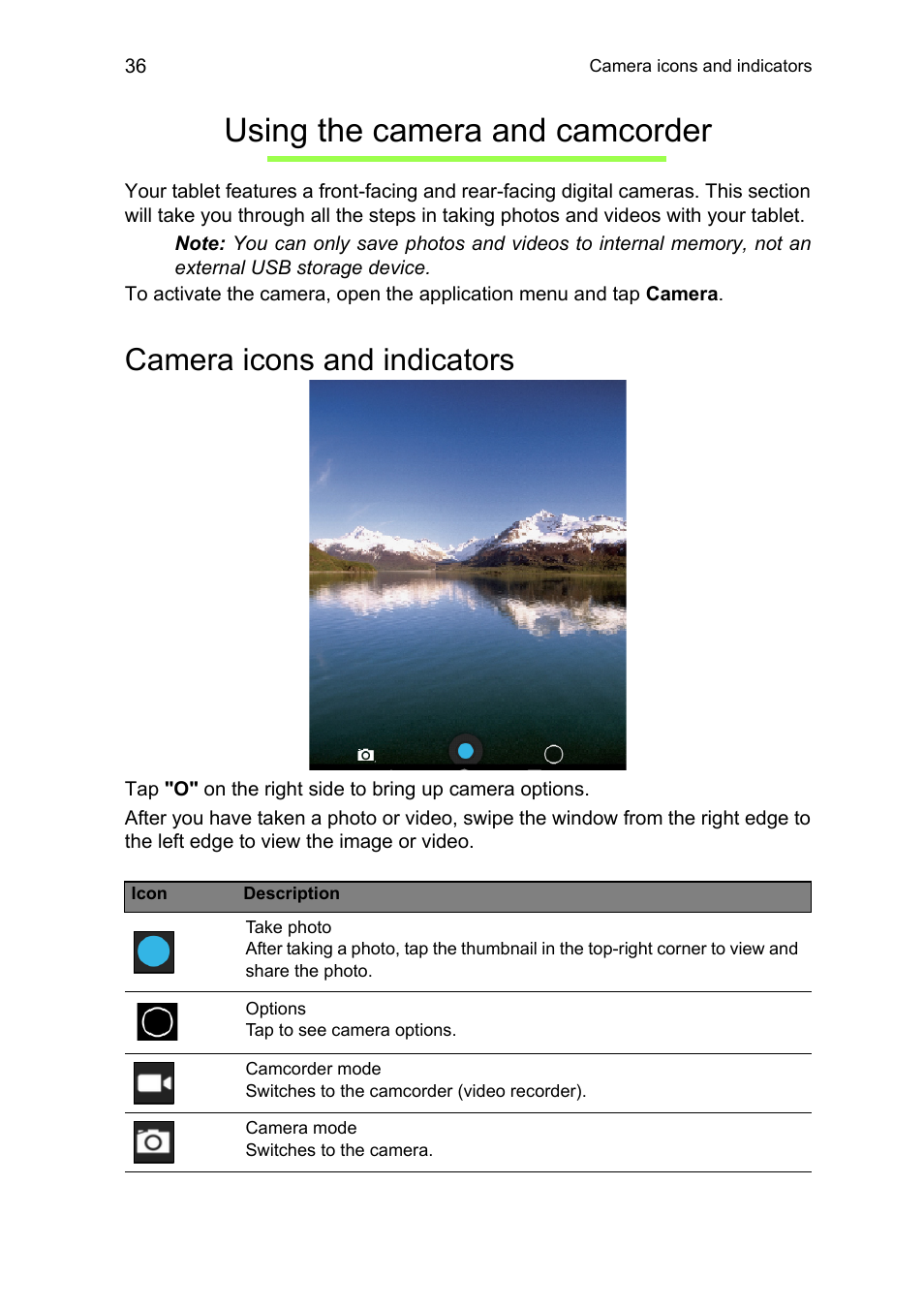 Using the camera and camcorder, Camera icons and indicators | Acer A1-810 User Manual | Page 36 / 53