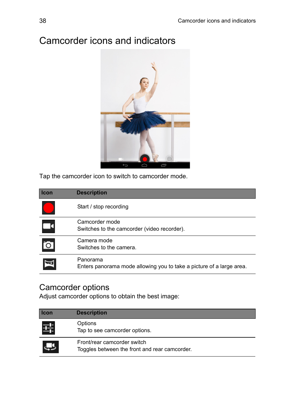 Camcorder icons and indicators, Camcorder options | Acer A1-810 User Manual | Page 38 / 53