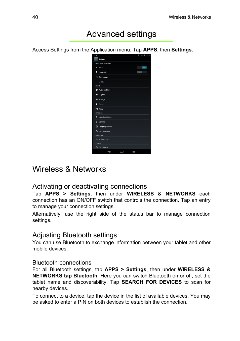 Advanced settings, Wireless & networks, Activating or deactivating connections | Adjusting bluetooth settings | Acer A1-810 User Manual | Page 40 / 53