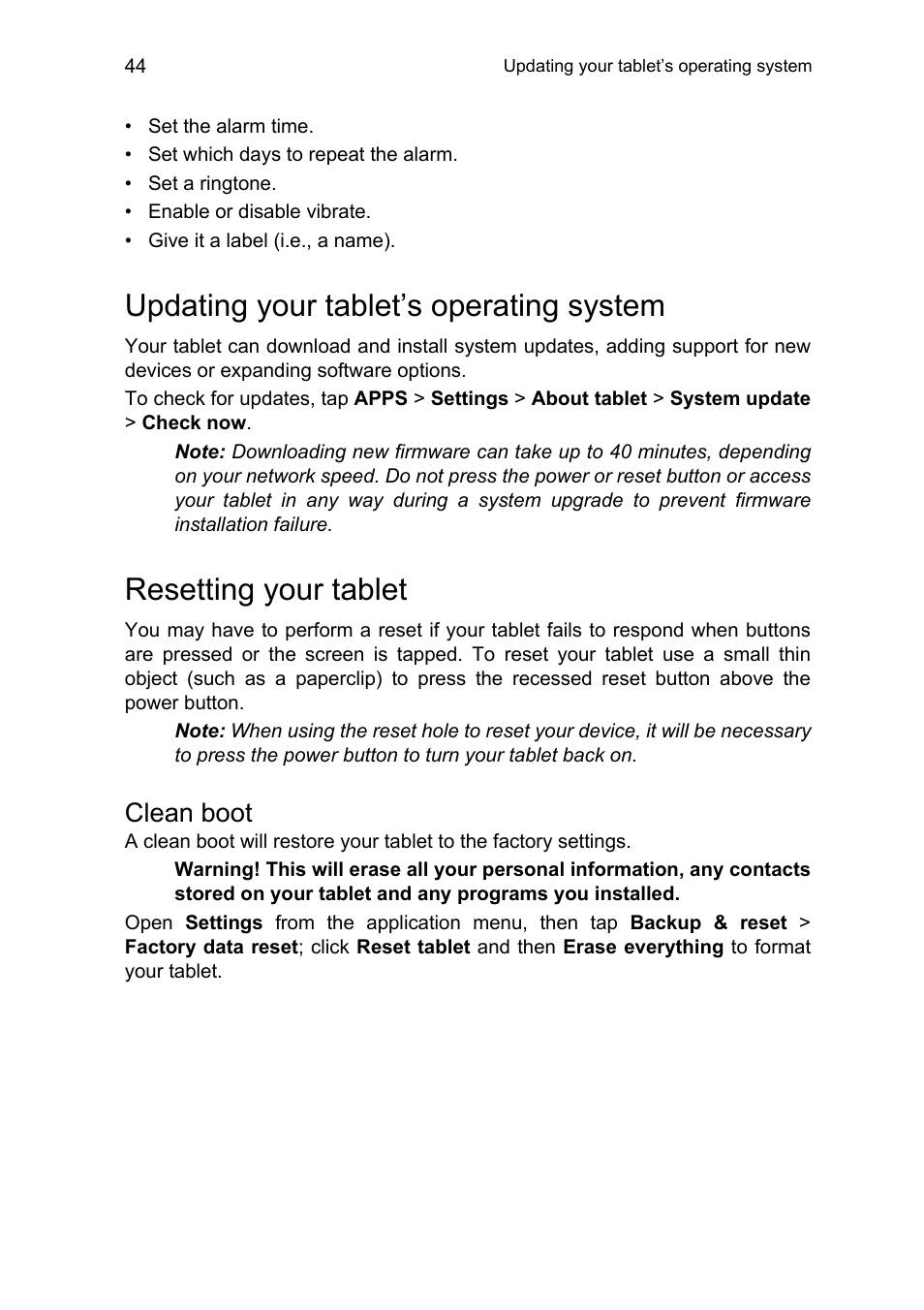 Updating your tablet’s operating system, Resetting your tablet, Clean boot | Acer A1-810 User Manual | Page 44 / 53