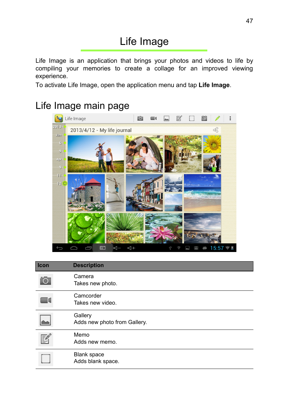 Life image, Life image main page | Acer A1-810 User Manual | Page 47 / 53