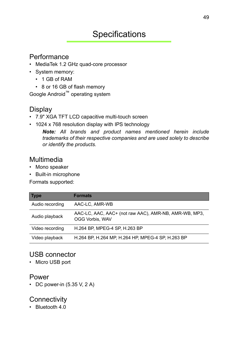 Specifications, Performance, Display | Multimedia, Usb connector, Power, Connectivity | Acer A1-810 User Manual | Page 49 / 53