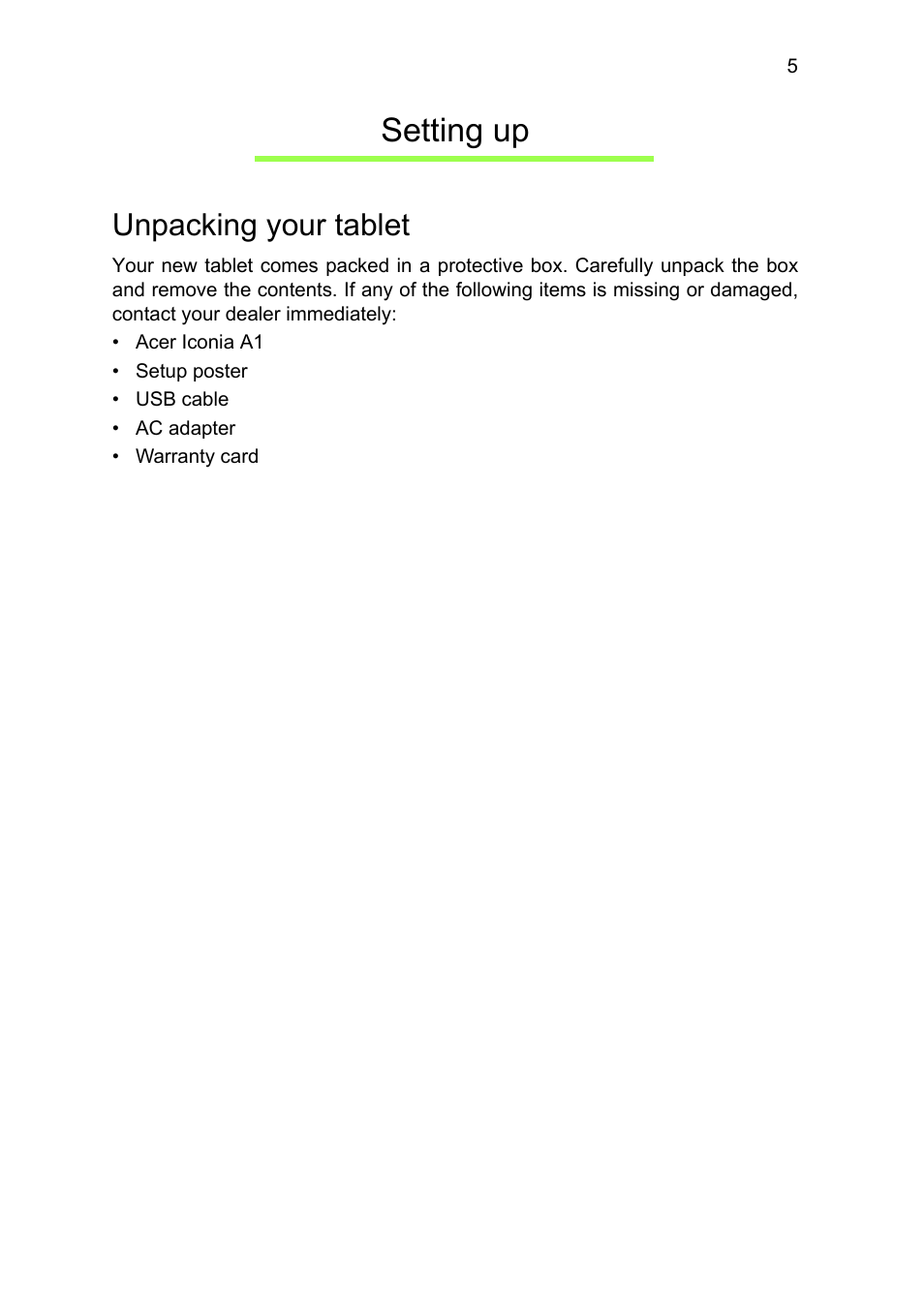 Setting up, Unpacking your tablet | Acer A1-810 User Manual | Page 5 / 53