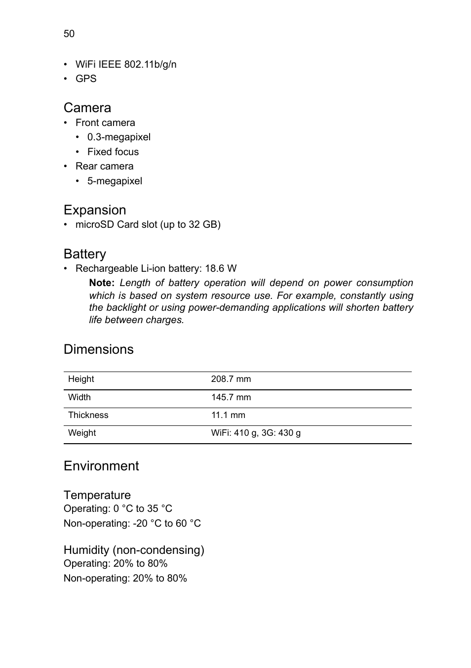 Camera, Expansion, Battery | Dimensions, Environment | Acer A1-810 User Manual | Page 50 / 53