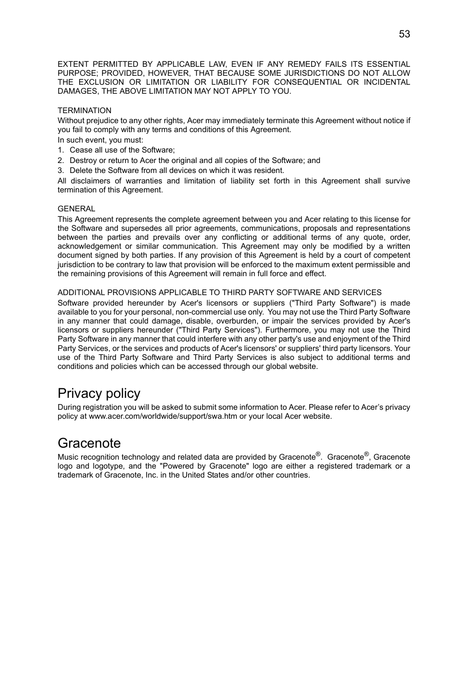 Privacy policy, Gracenote | Acer A1-810 User Manual | Page 53 / 53