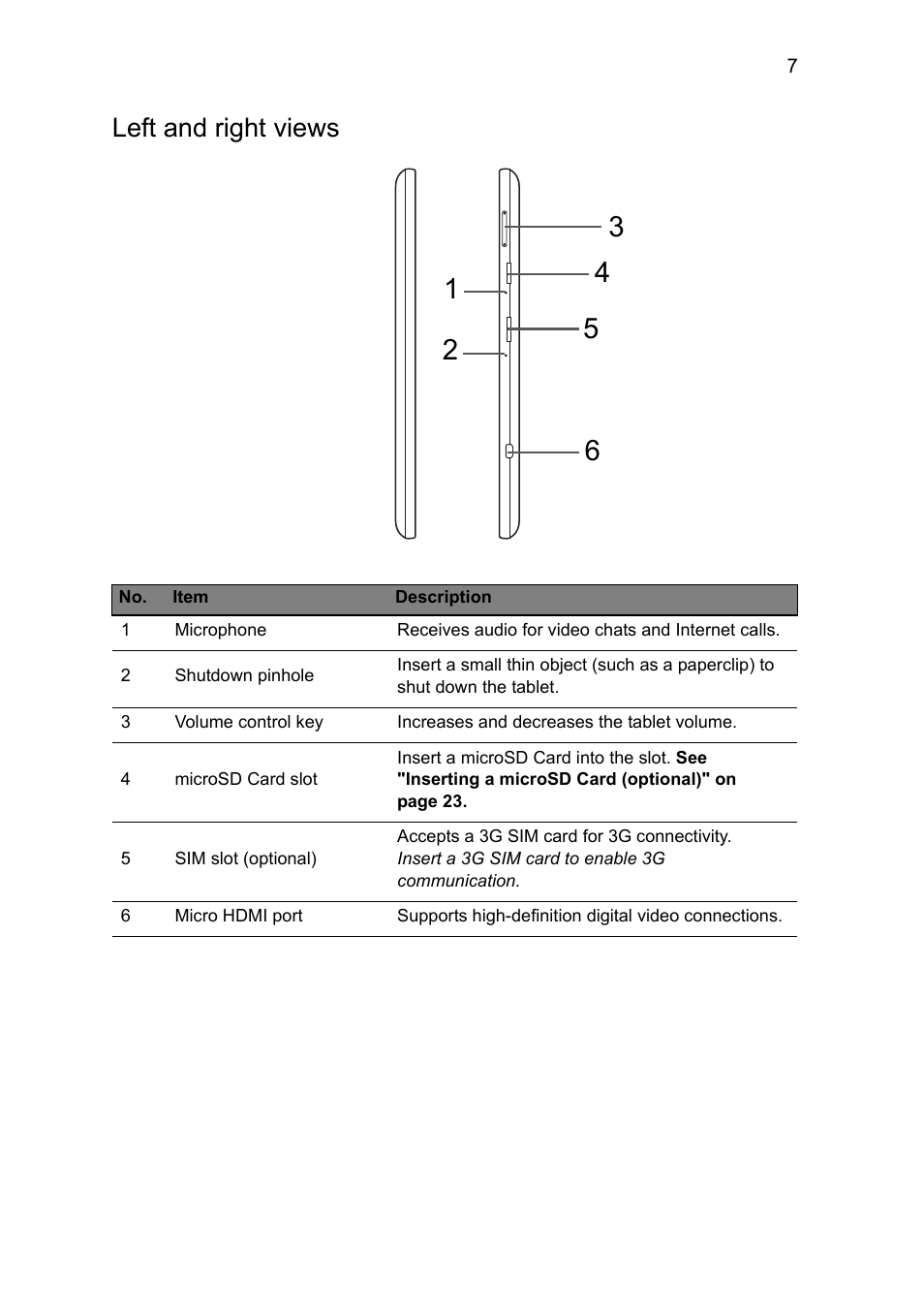 Left and right views, Left and right, Views | Acer A1-810 User Manual | Page 7 / 53