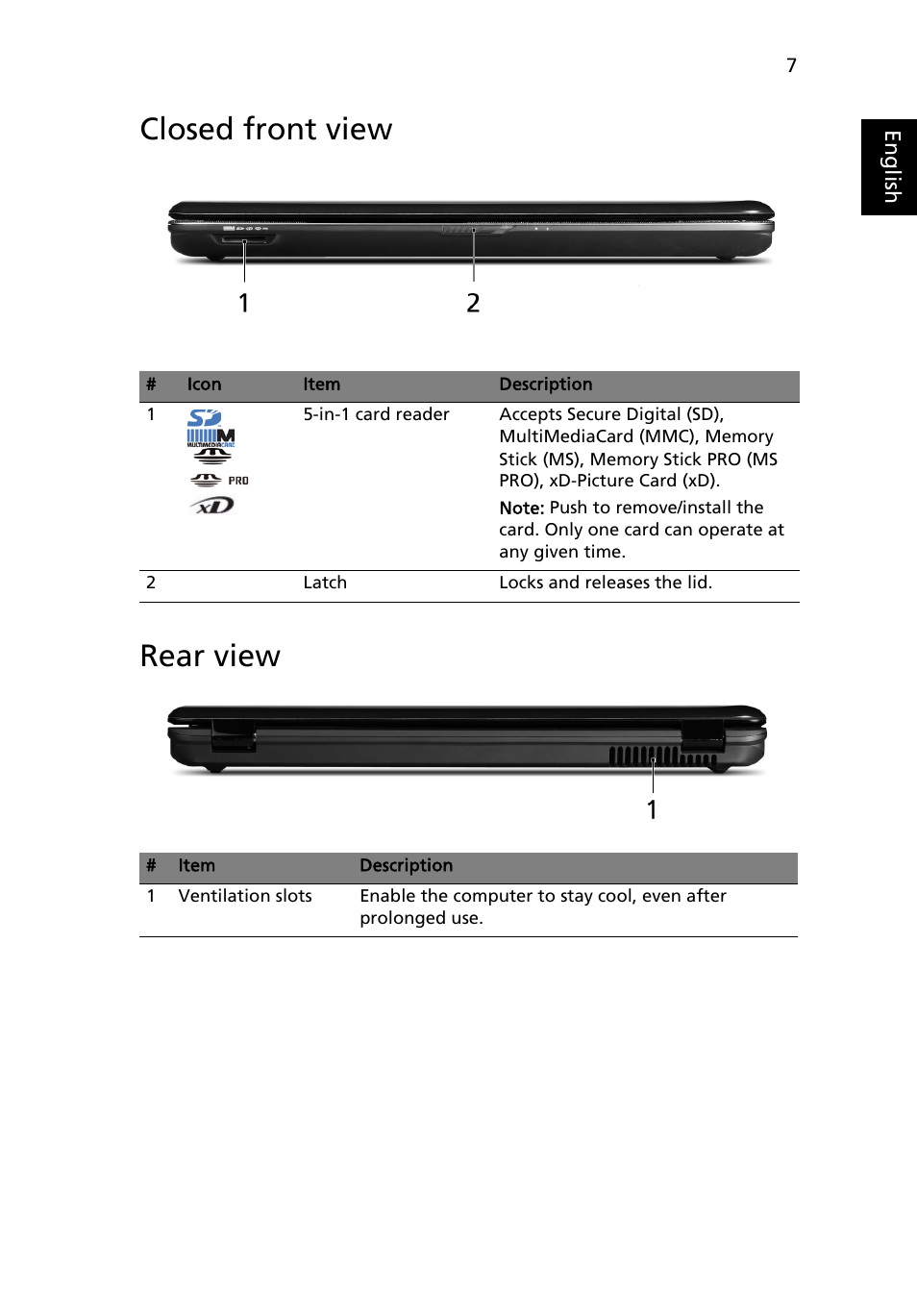 Closed front view, Rear view, Closed front view rear view | Acer Aspire 5738PG User Manual | Page 7 / 13