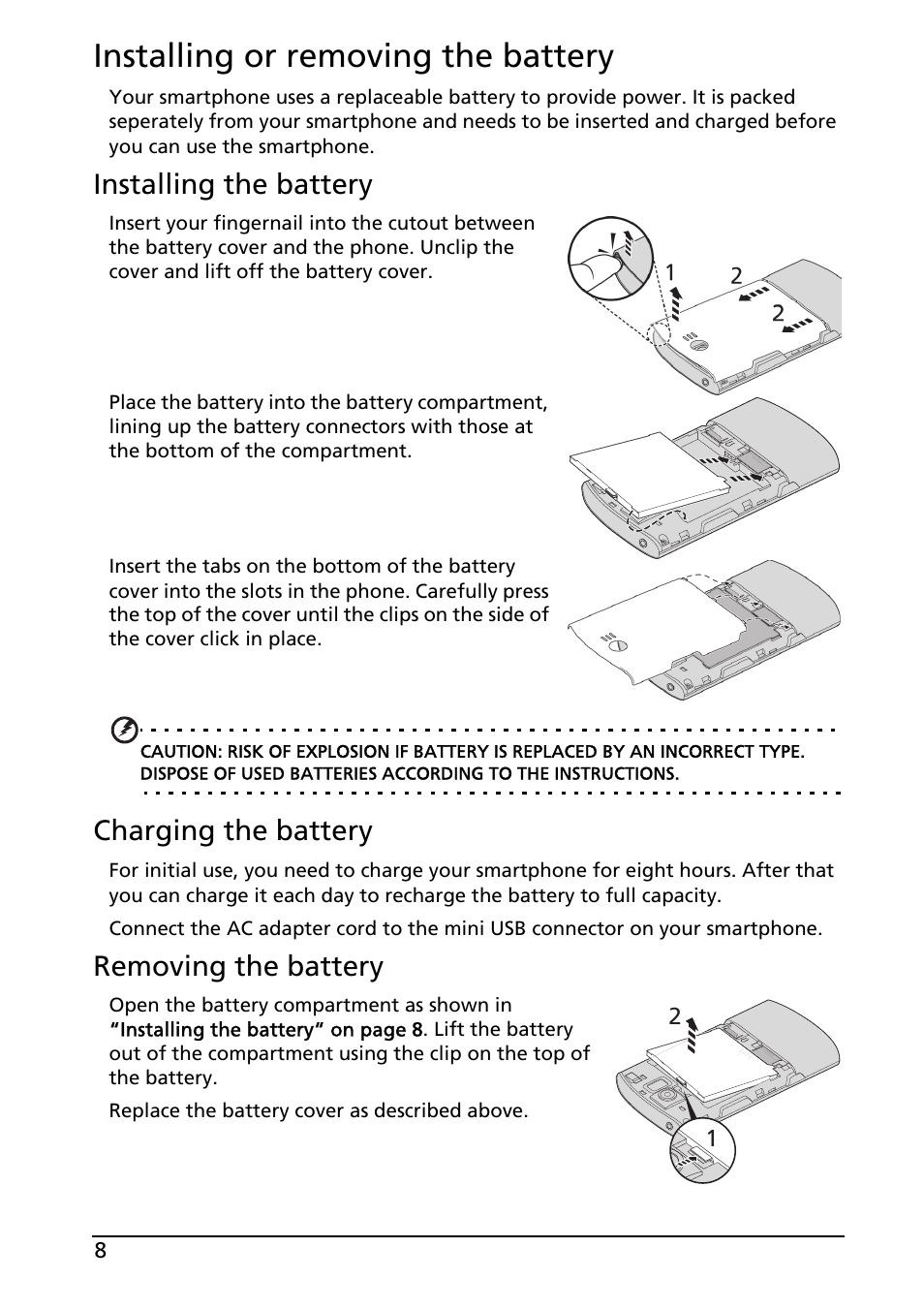 Installing or removing the battery, Installing the battery, Charging the battery | Removing the battery | Acer Liquid E User Manual | Page 10 / 57