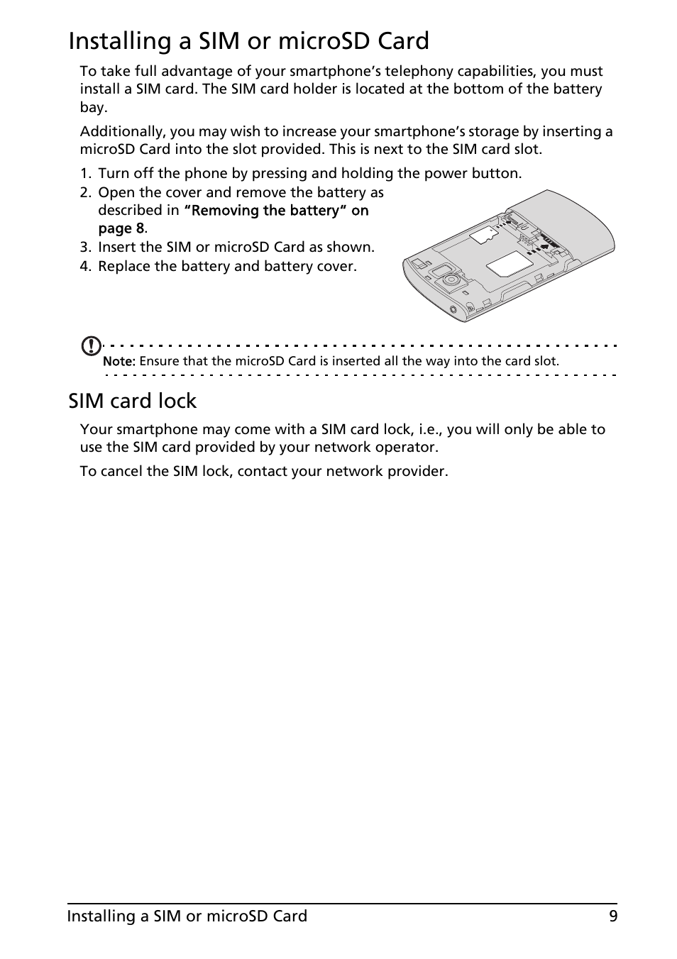 Installing a sim or microsd card, Sim card lock | Acer Liquid E User Manual | Page 11 / 57