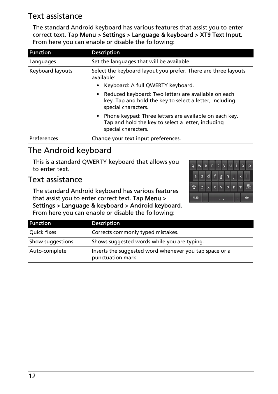 Text assistance, The android keyboard | Acer Liquid E User Manual | Page 14 / 57